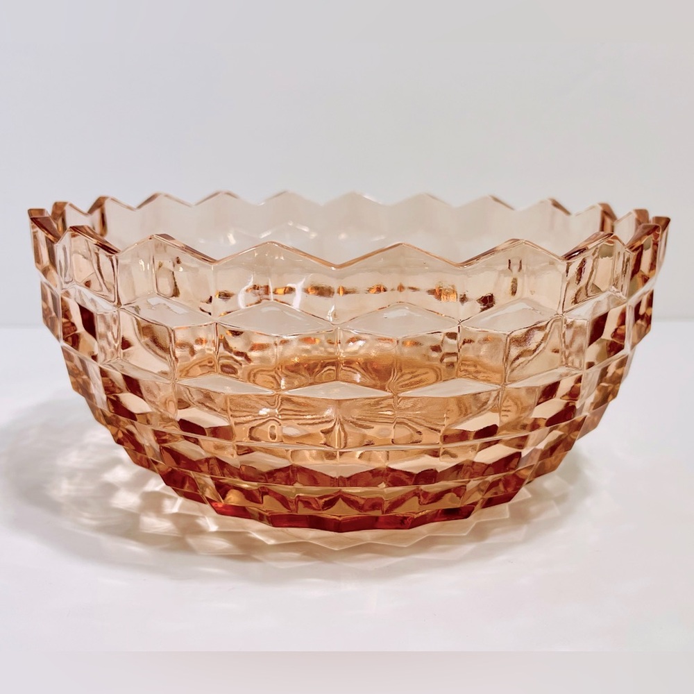 Vintage Whitehall Peach By Colony Cubist Pattern Large Glass Salad Bowl 9”